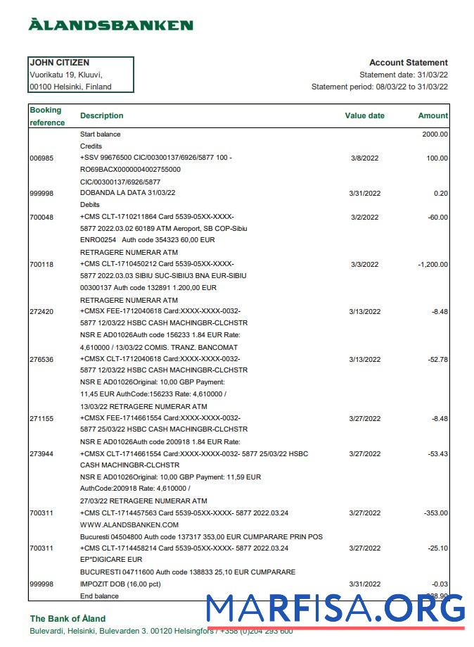 Downloadable Finland Aland bank statement excel sample